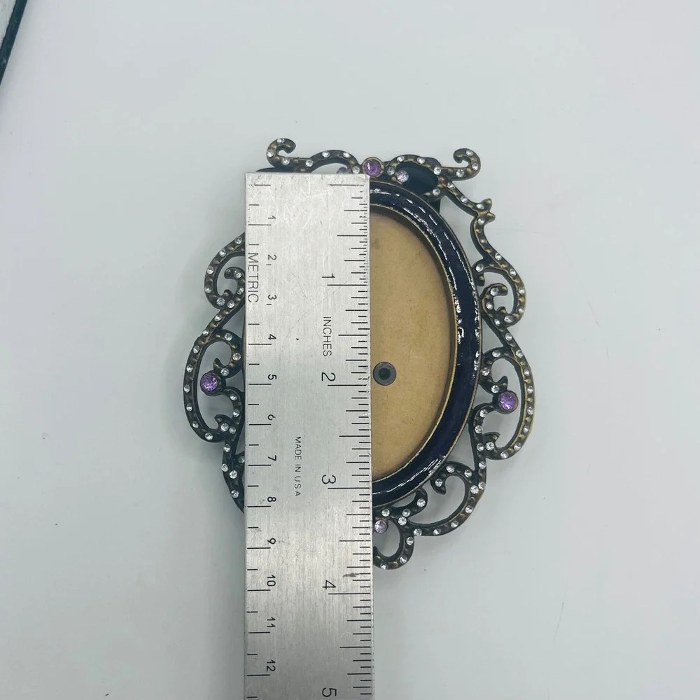 Vintage Style Ornate Oval Picture Frame Purple Enamel Rhinestone Gold Tone 3x2
